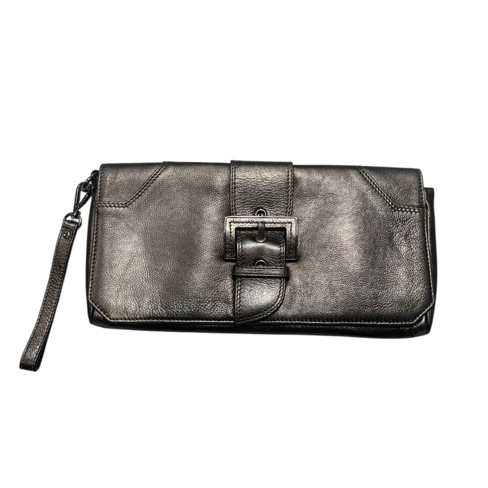 Donald Pliner Metallic Bronze Pebbled Leather Buckle‎ Wristlet Clutch Bag